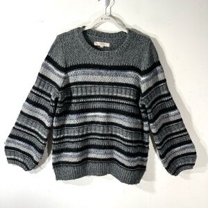 Loft Wool Blend Striped Sweater Gray Black Silver